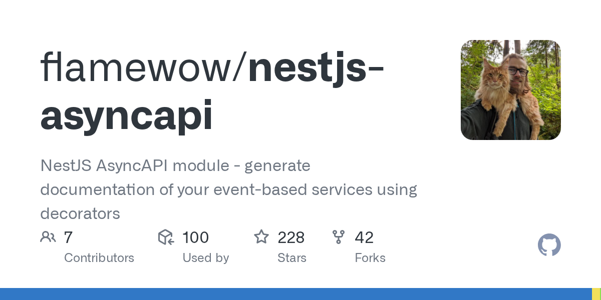 GitHub - flamewow/nestjs-asyncapi: NestJS AsyncAPI module - generate documentation of your event-based services using decorators